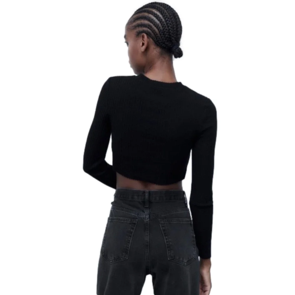 ZARA Womens Black Ribbed Knit Crop Top‎ Long Sleeve Lettuce Hem Stretch S